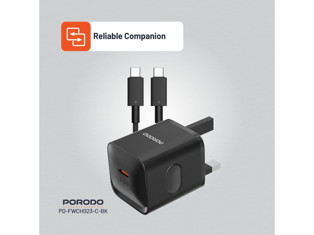 Porodo USB-C Power Delivery Wall Charger with Type-C Cable - Black Porodo USB-C Power Delivery Wall Charger with Type-C Cable - Black